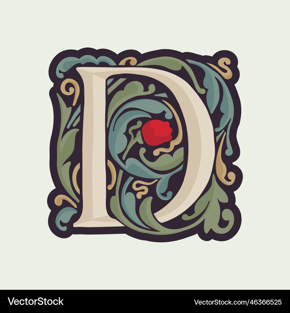 D letter illuminated initial with curve leaf D letter illuminated initial with curve leaf Vector Image