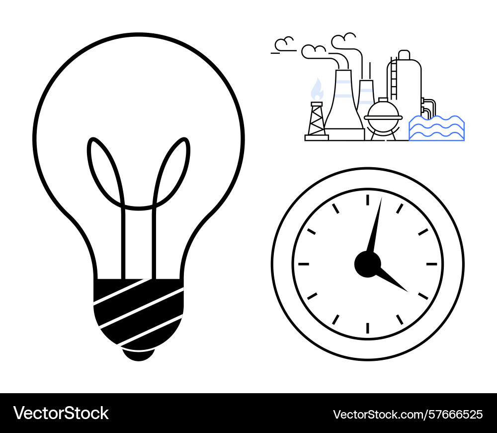 Lightbulb factory and clock representing energy vector image
