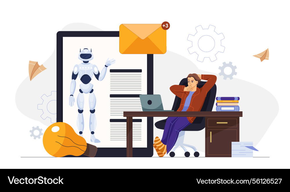 Man relaxing while ai works on laptop screen Vector Image