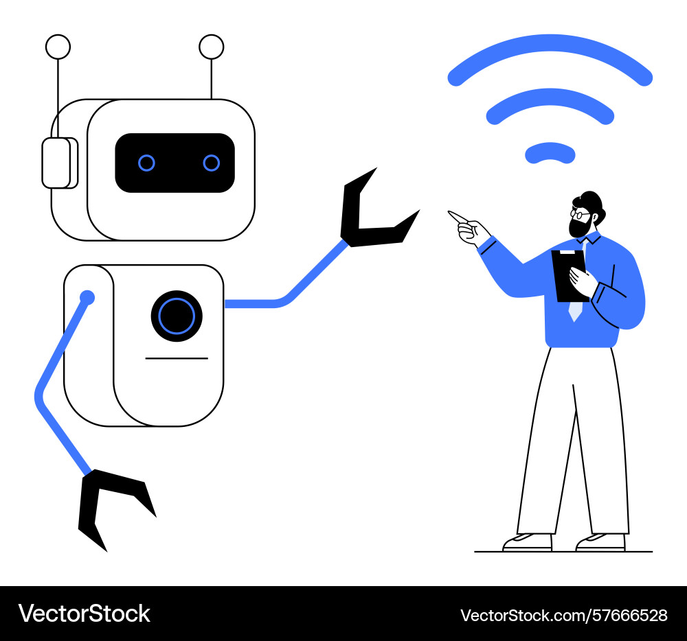 Man interacting with robot under wireless signal Man interacting with robot under wireless signal vector image