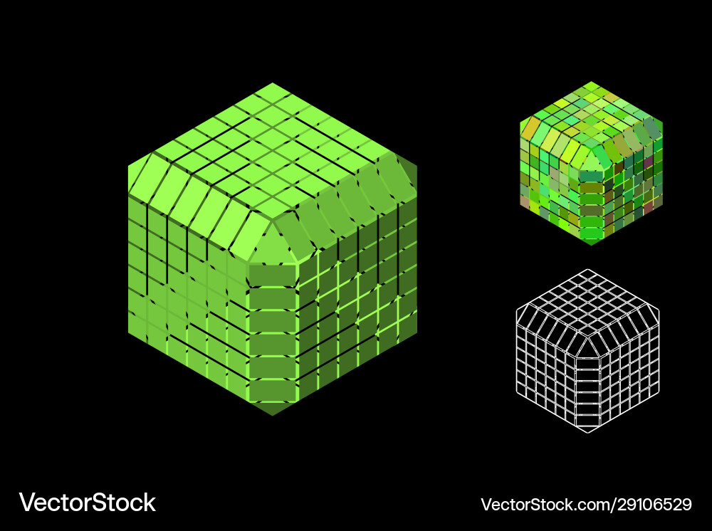 Abstract polygonal cube with cuts set isometric Abstract polygonal cube with cuts set isometric vector image