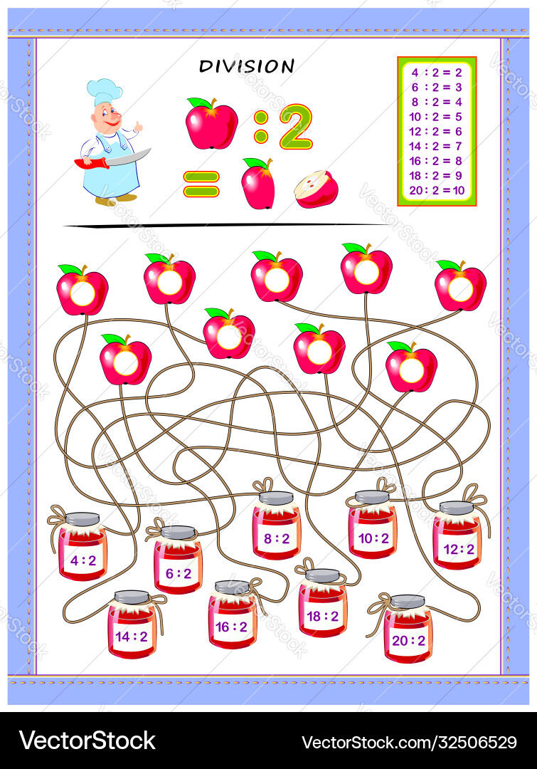 Exercises for kids with division table number vector image