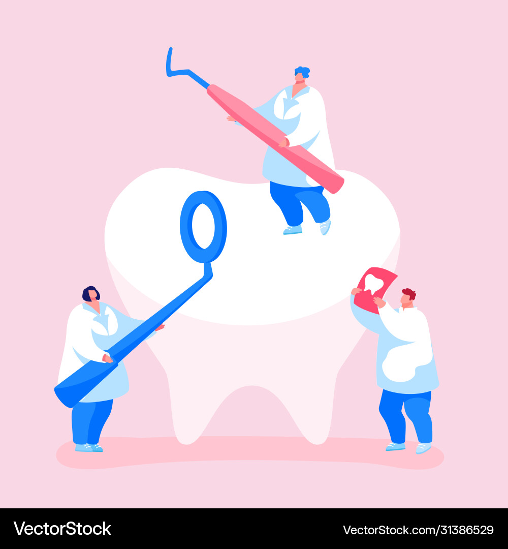 Tiny dentists characters checking tooth for caries Vector Image