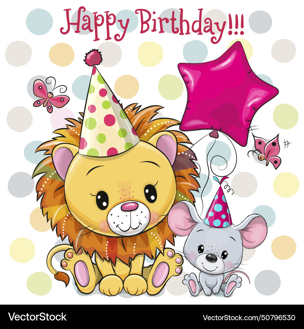 Birthday card with cute lion and mouse Birthday card with cute lion and mouse vector image