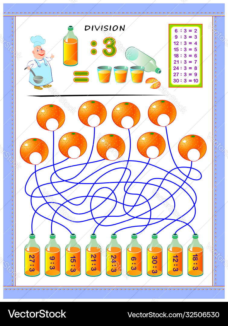 Exercises for kids with division table number Exercises for kids with division table number vector image