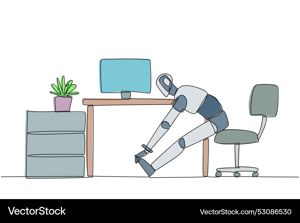 Single continuous line drawing robot sits in work Single continuous line drawing robot sits in work Vector Image