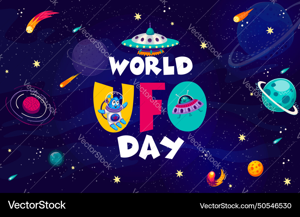 World ufo day poster with alien martian and saucer World ufo day poster with alien martian and saucer vector image