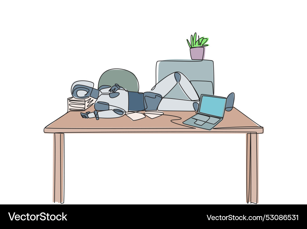 Continuous one line drawing robot fell asleep Continuous one line drawing robot fell asleep vector image