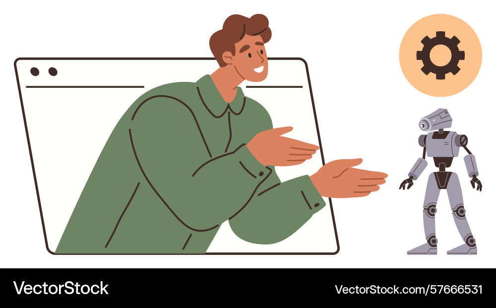 Man interacting through virtual window with robot Man interacting through virtual window with robot vector image