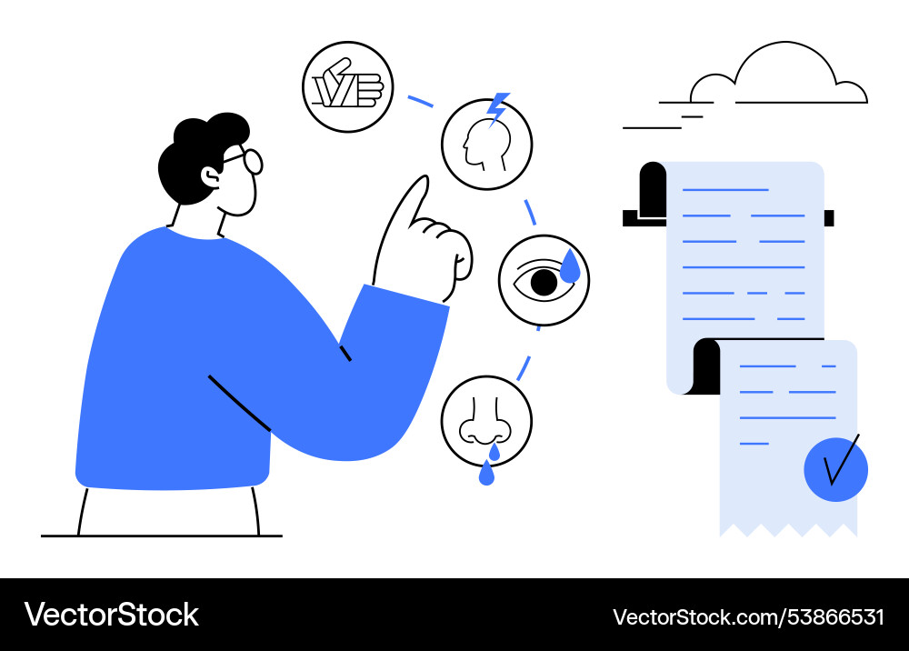 Man interacting with sensory icons and checklist Man interacting with sensory icons and checklist vector image