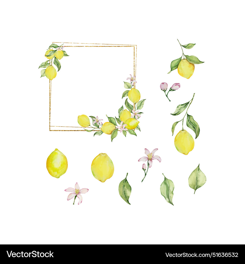 Gold frame with watercolor lemon leaves Gold frame with watercolor lemon leaves vector image