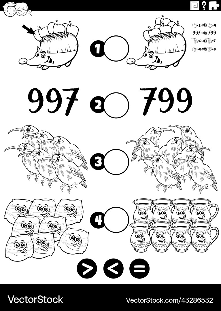 Greater less or equal math task coloring page Vector Image