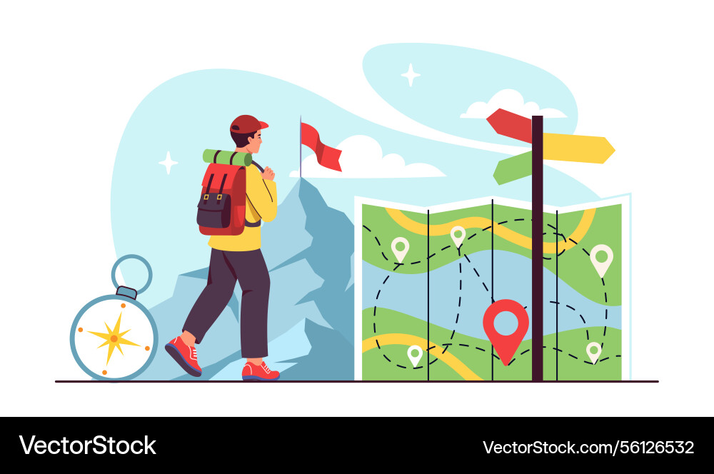 Hiker navigating with map and compass Hiker navigating with map and compass vector image