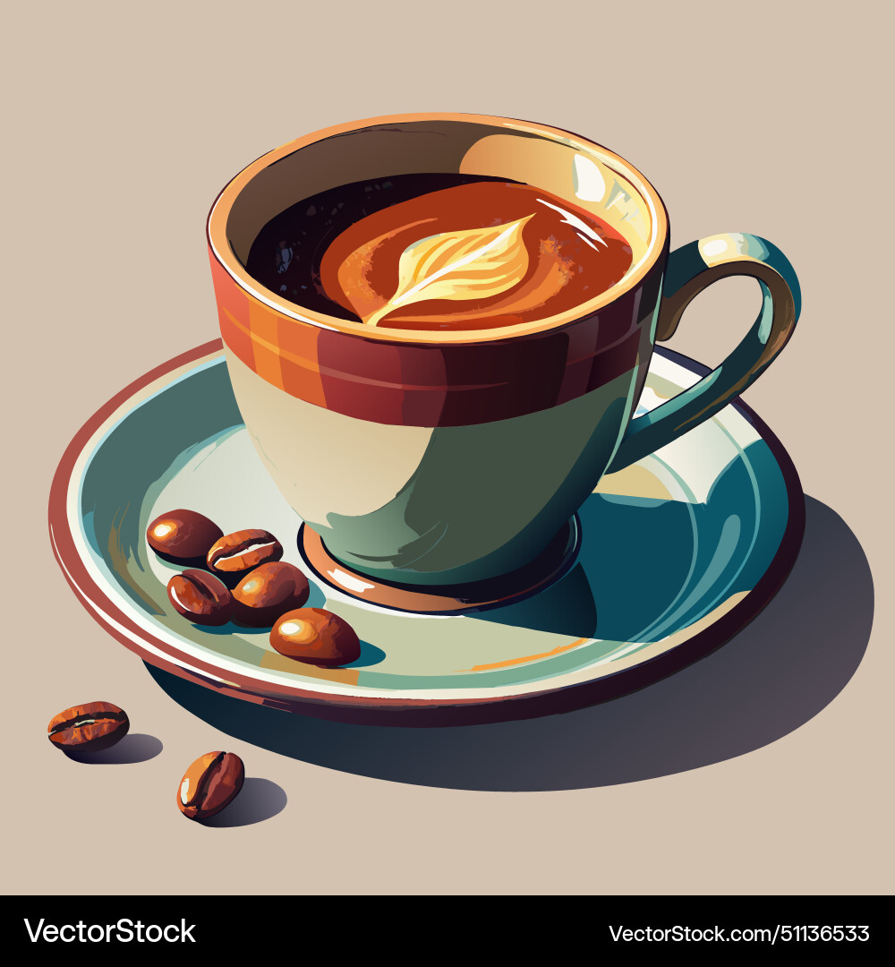 A cup of coffee with white swirl on top sits vector image