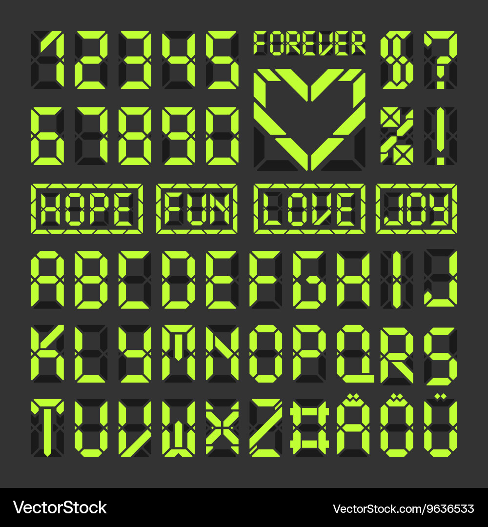 Digital LED Alphabet Font - Acid Green vector image