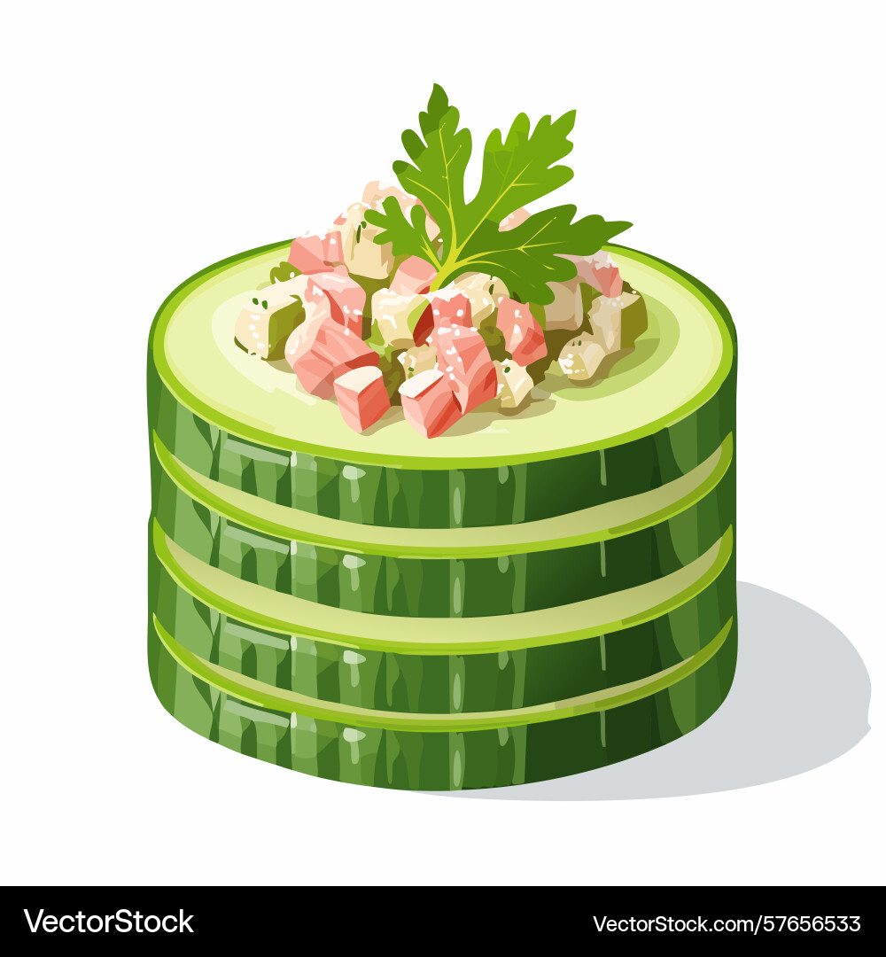 Fresh cucumber stack with topping and parsley Vector Image