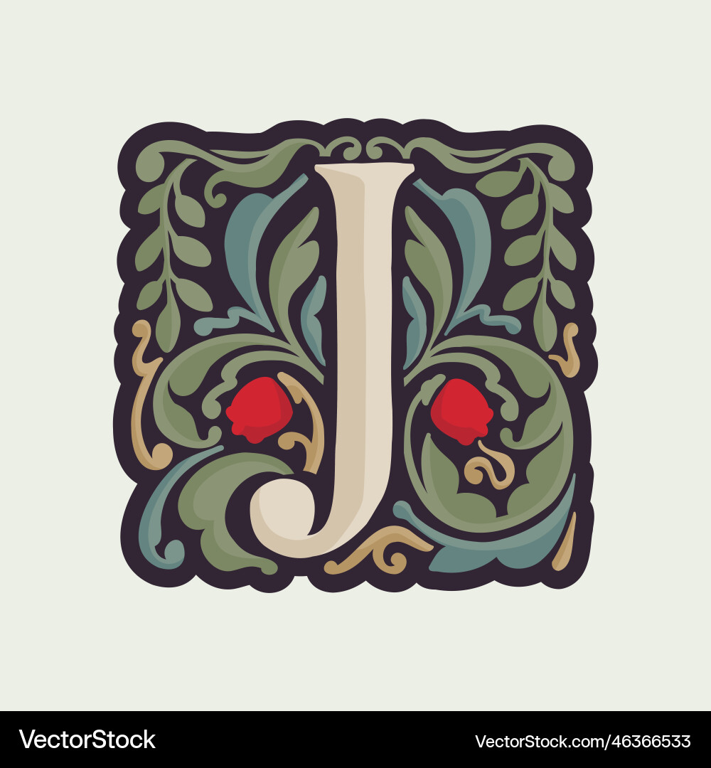 J letter illuminated initial with curve leaf J letter illuminated initial with curve leaf vector image
