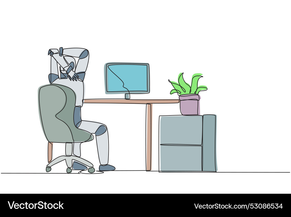 Continuous one line drawing robot sitting Vector Image