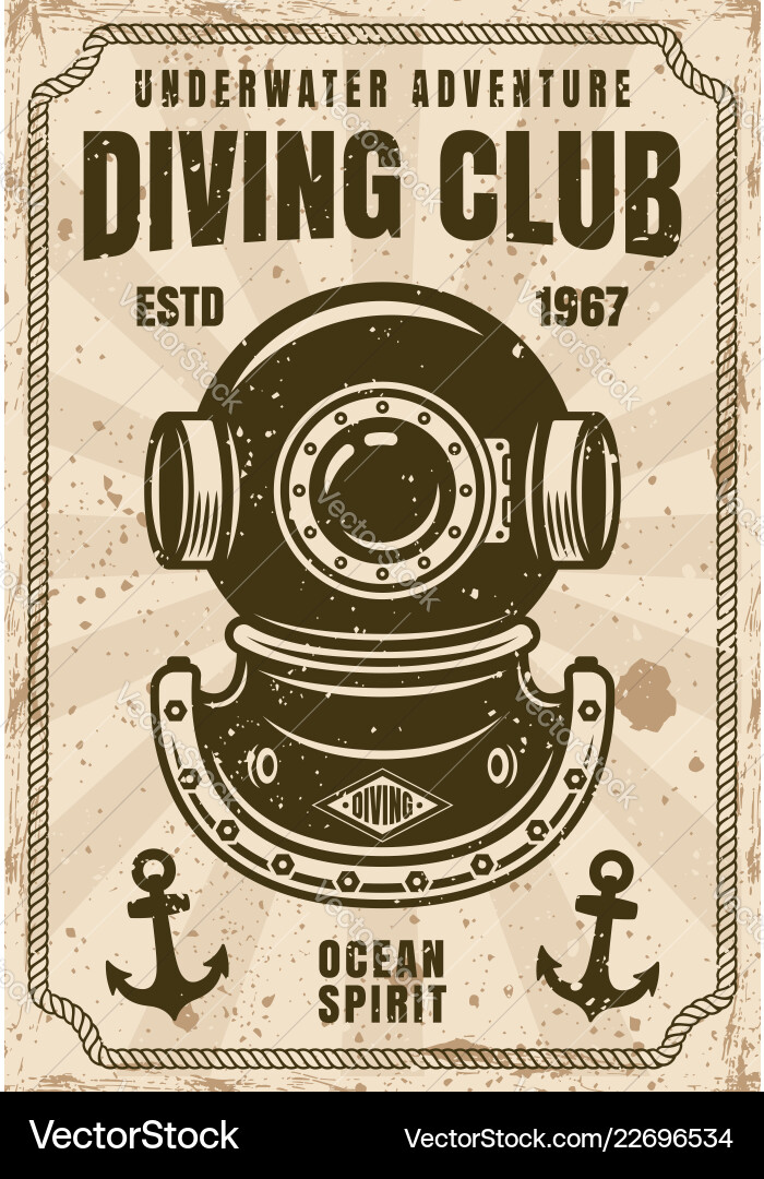 Diving club retro poster with diver helmet vector image