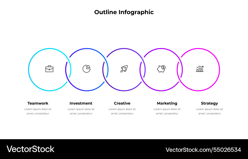 Five line circle elements in horizontal row Five line circle elements in horizontal row vector image