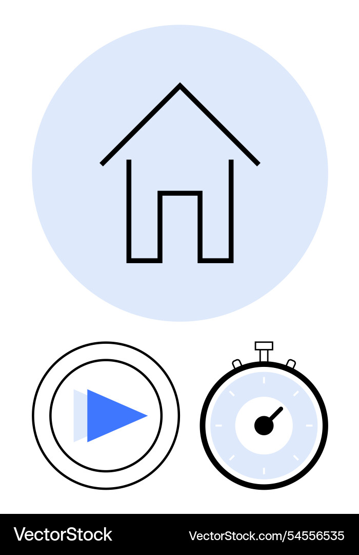 Home symbol with play button and stopwatch simple Home symbol with play button and stopwatch simple vector image