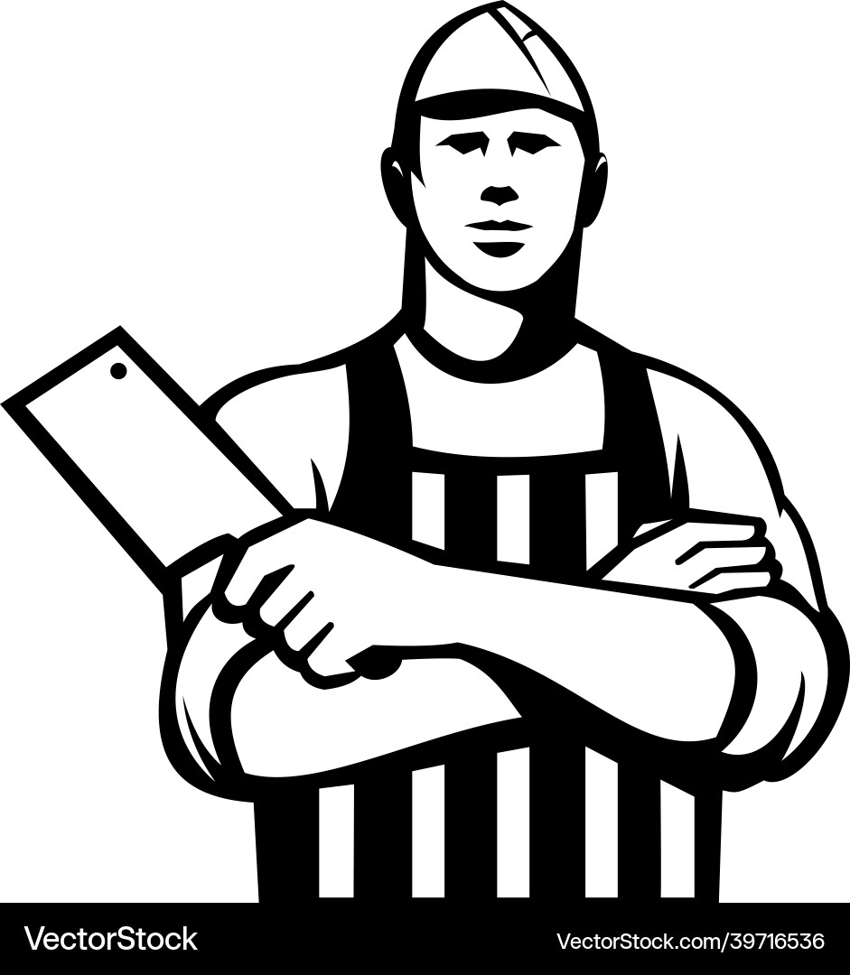 Butcher with meat cleaver knife arms crossed Vector Image