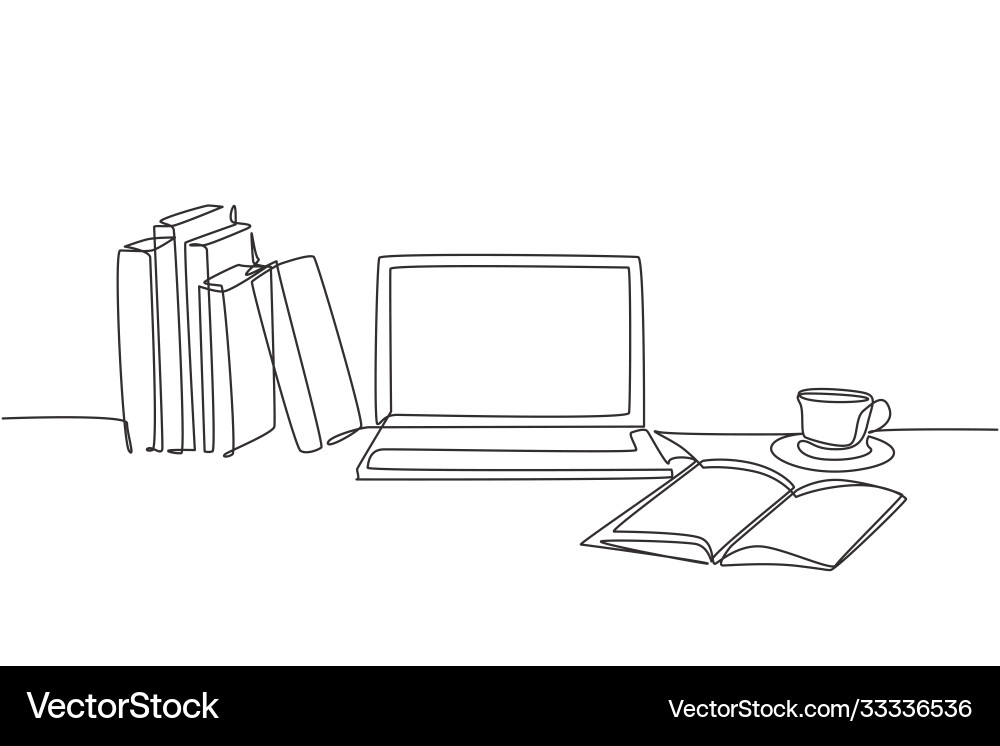 Continuous Line Stack of Books with Laptop vector image