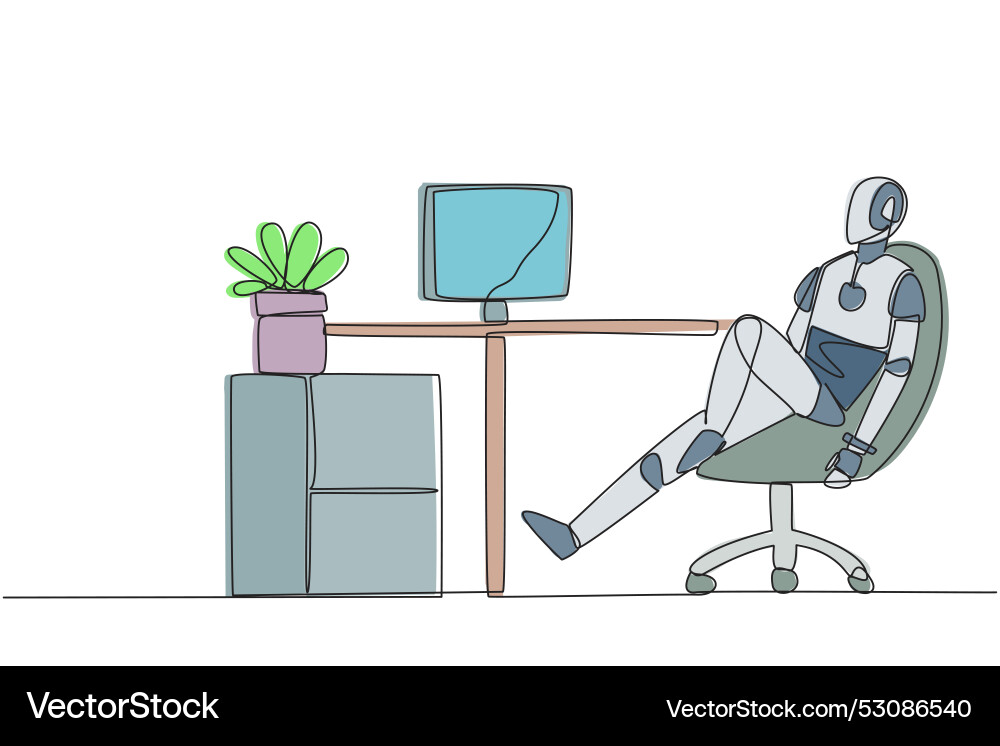Continuous one line drawing robot sits in work Continuous one line drawing robot sits in work vector image