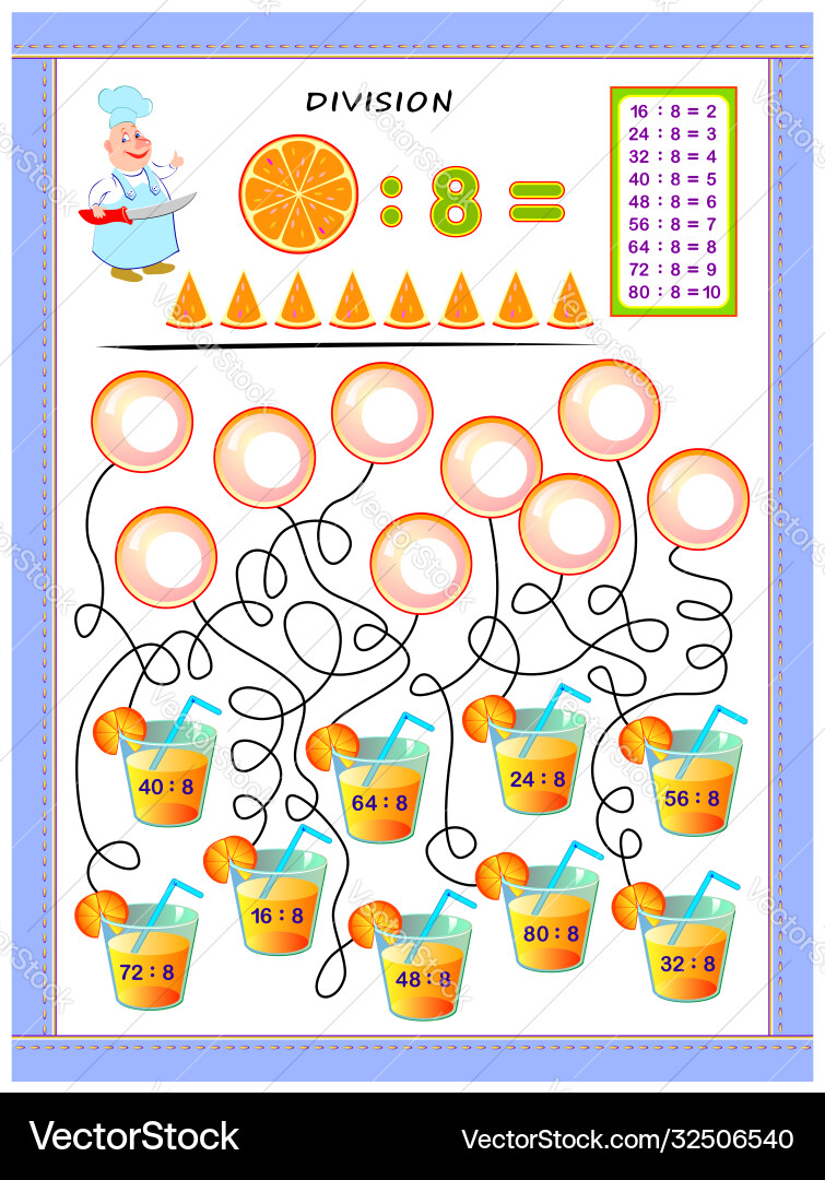 Exercises for kids with division table number Exercises for kids with division table number vector image