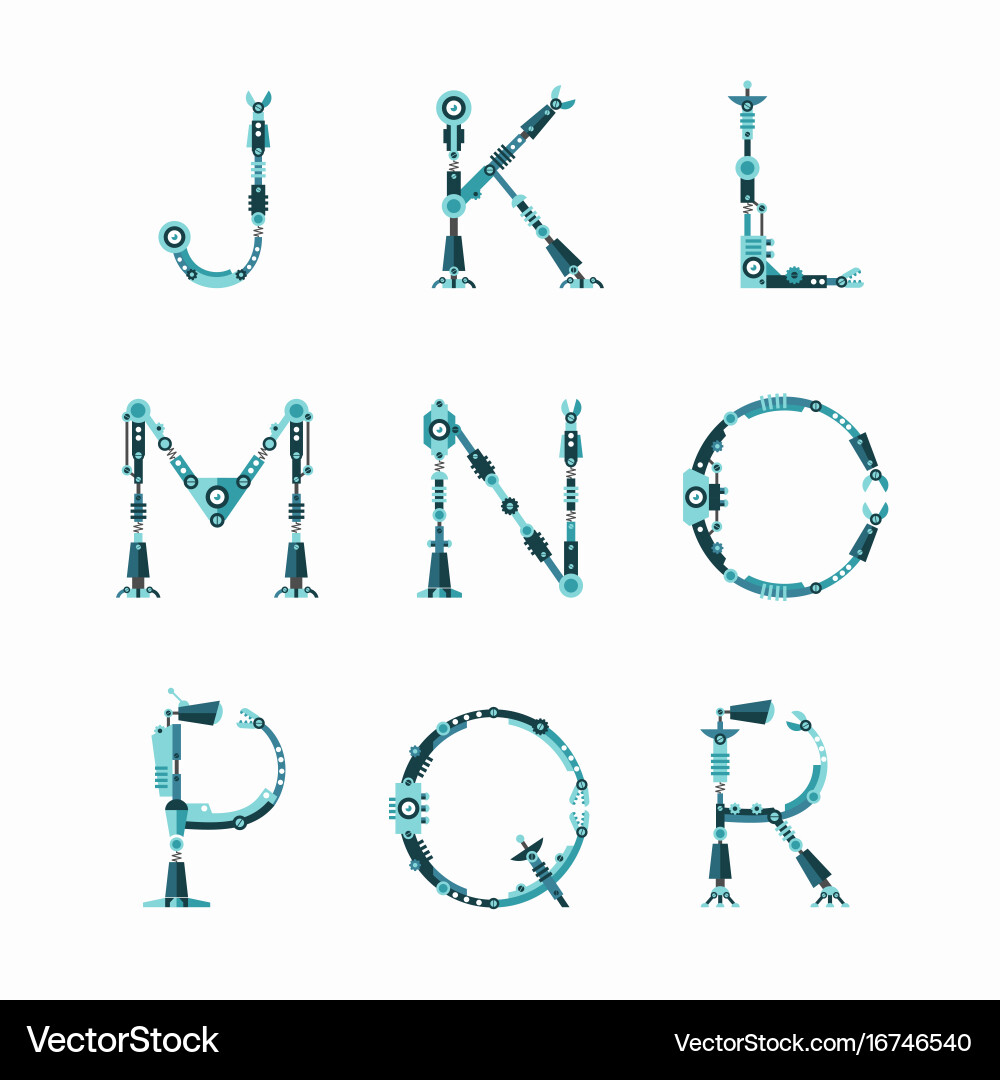 Technical robot font letters from j to r vector image