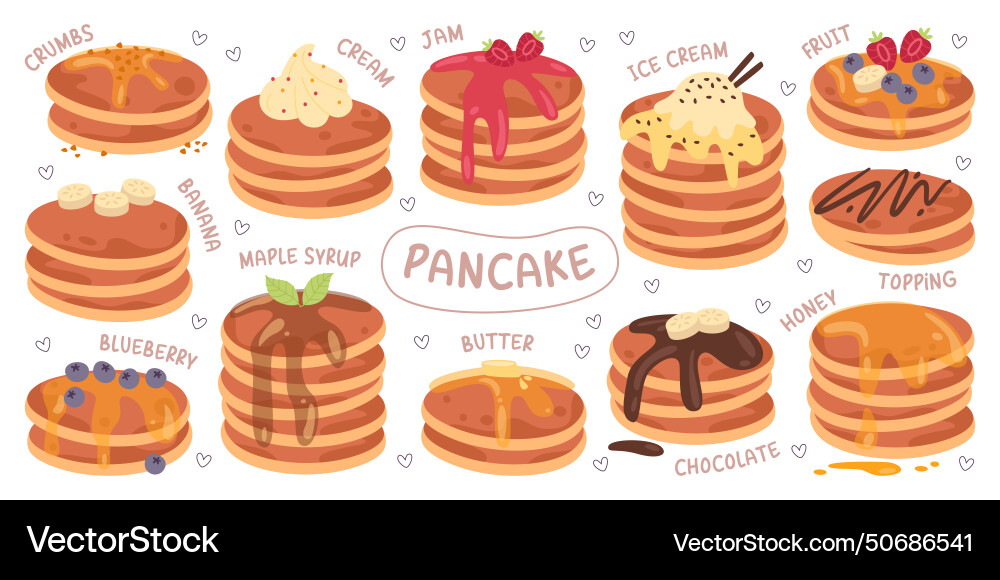 Pancakes stacks with different topping and various Pancakes stacks with different topping and various vector image