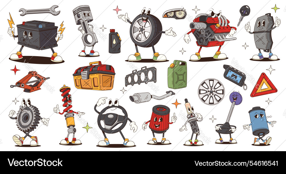 Retro Car Parts Characters - Groovy! Vector Image