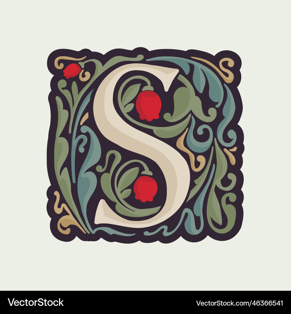 S letter illuminated initial with curve leaf S letter illuminated initial with curve leaf Vector Image