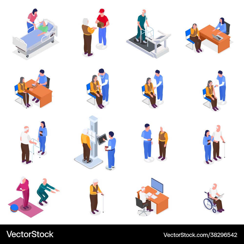 Elderly people healthcare isometric set Elderly people healthcare isometric set vector image