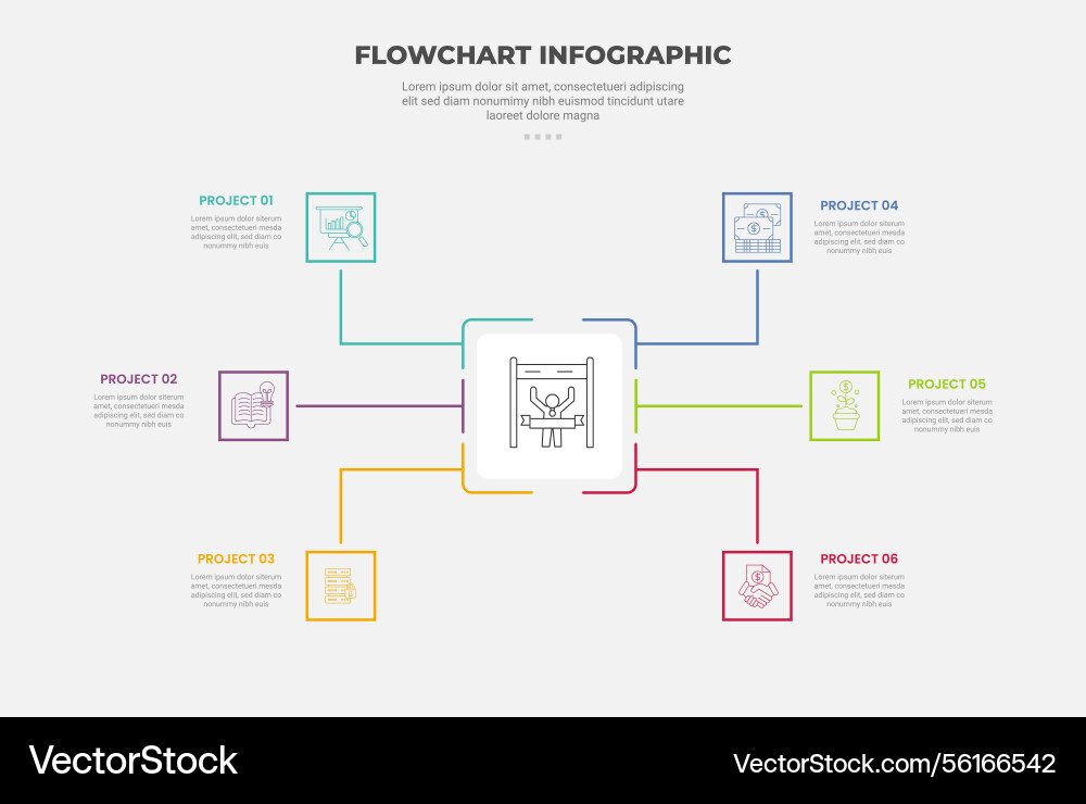Flowchart infographic outline style with 6 point vector image