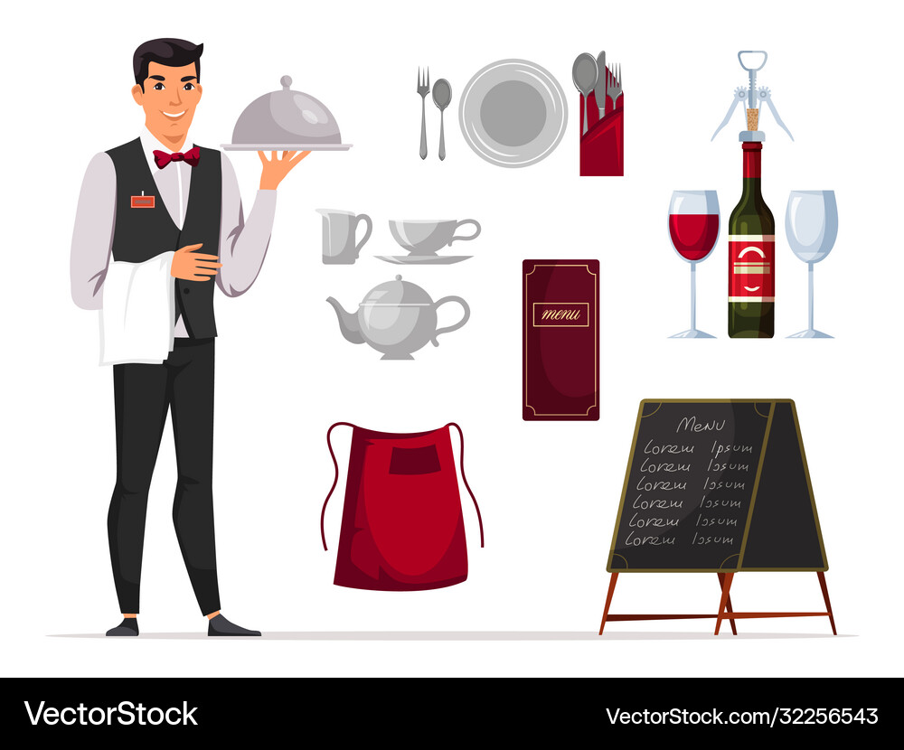 Waiter with service and serving accessories set – Royalty-Free Vector |  VectorStock, image size:1000x830