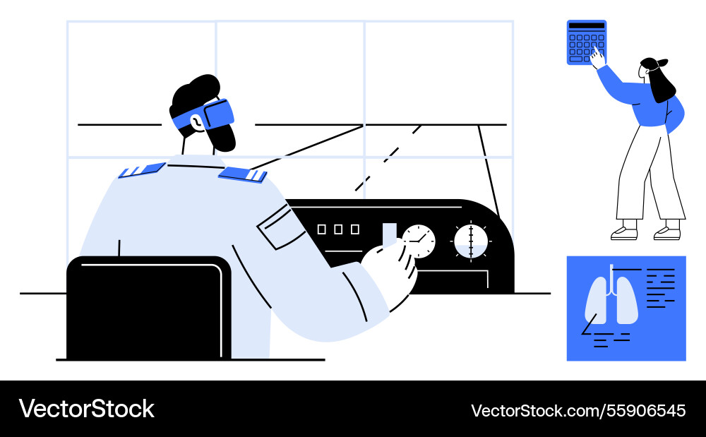 Pilot using advanced cockpit controls and virtual Pilot using advanced cockpit controls and virtual vector image