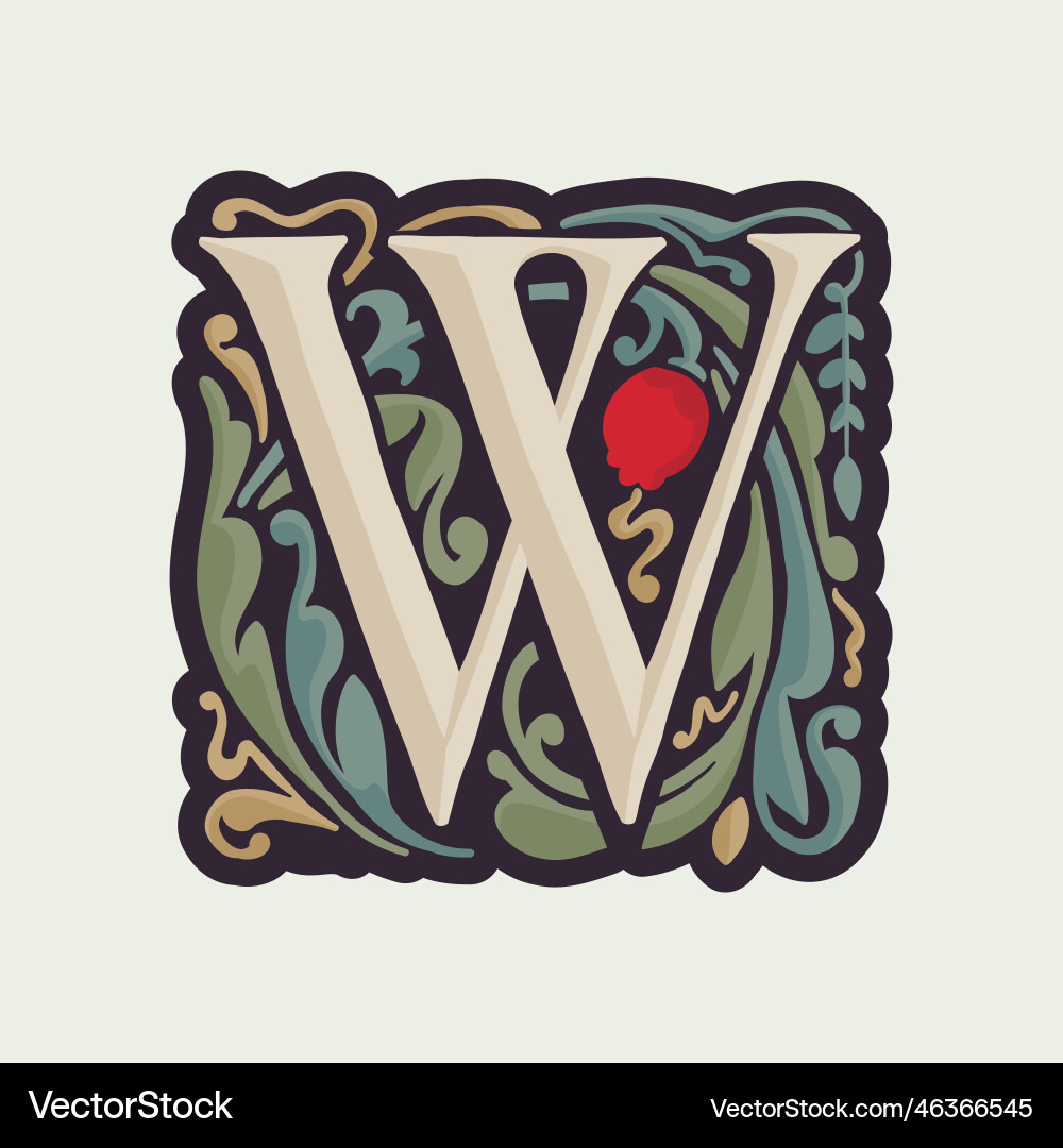 W letter illuminated initial with curve leaf Vector Image