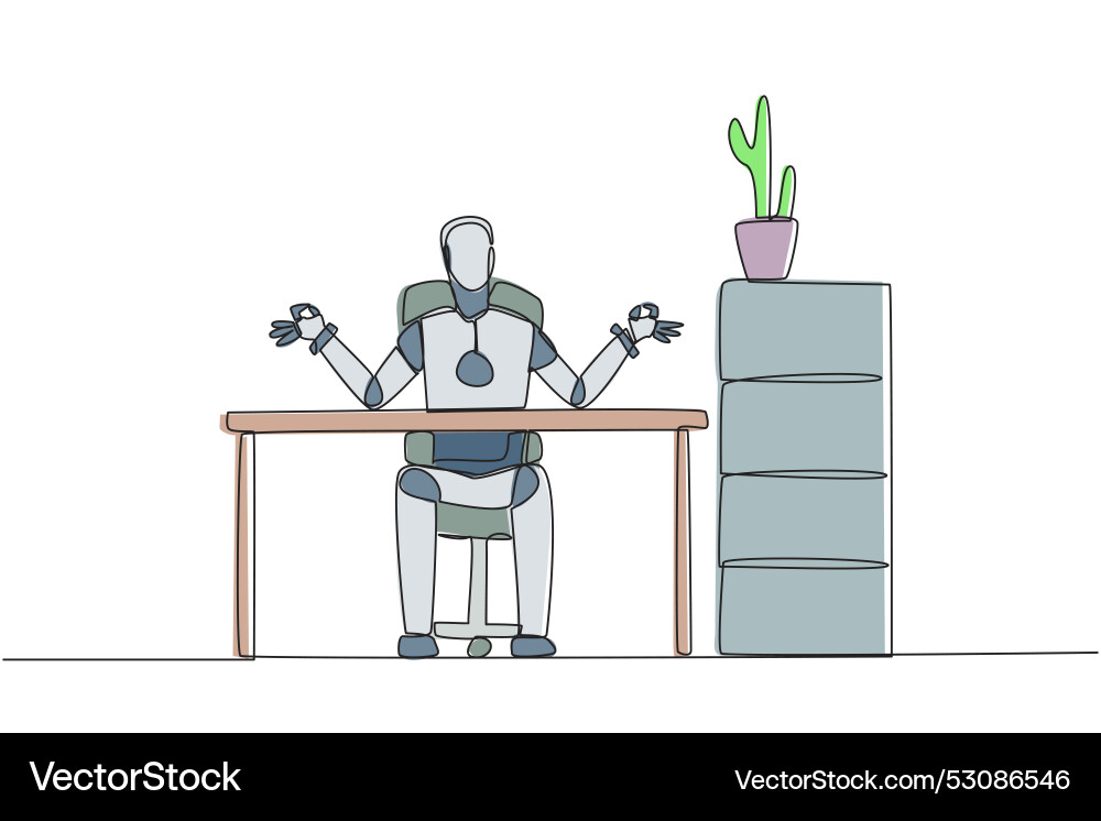 Single one line drawing robot sitting in a work Single one line drawing robot sitting in a work vector image