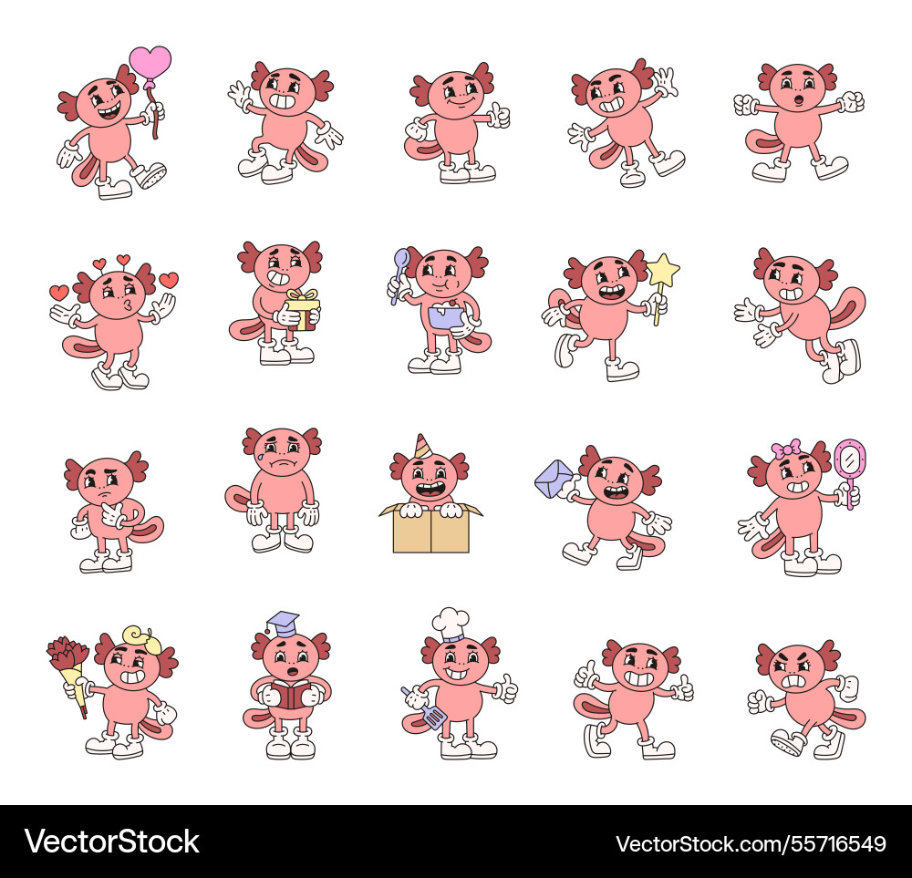 Axolotl retro character set featuring various Axolotl retro character set featuring various vector image