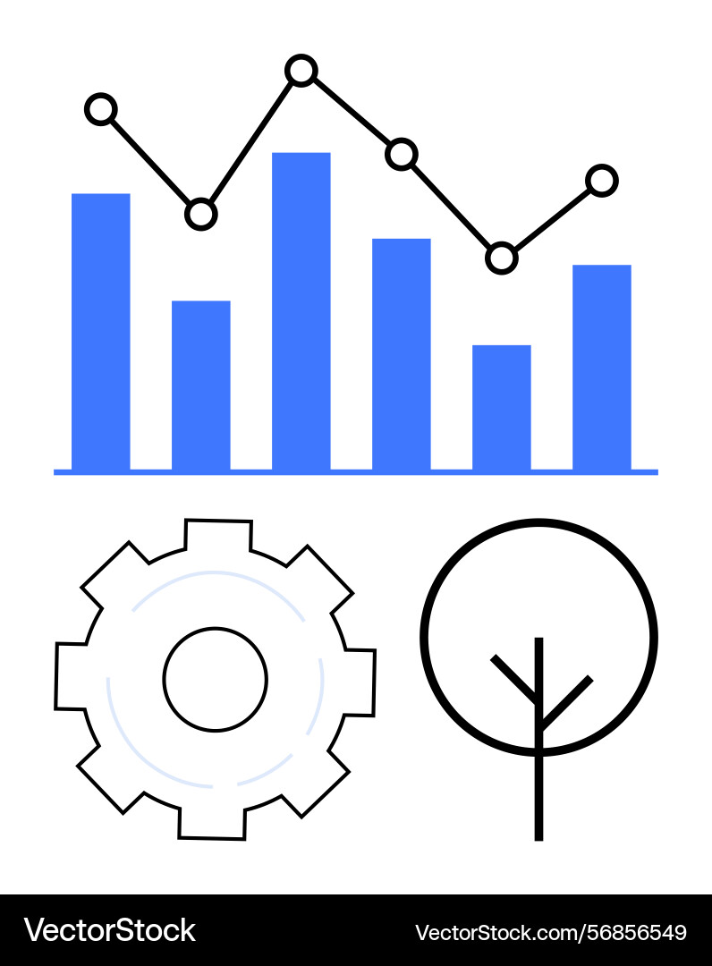 Data analytics bar chart with line graph gear Data analytics bar chart with line graph gear vector image