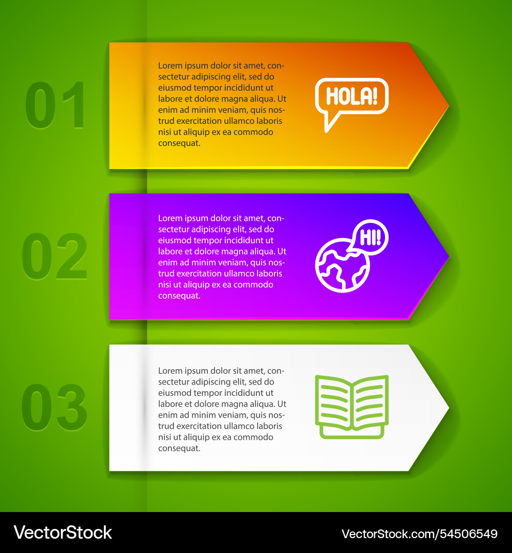 Set line hola in different languages learning vector image