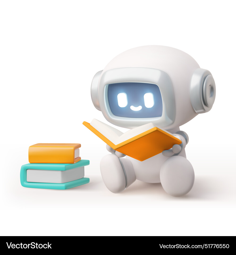 3d chat bot robot sits and reads books 3d chat bot robot sits and reads books Vector Image
