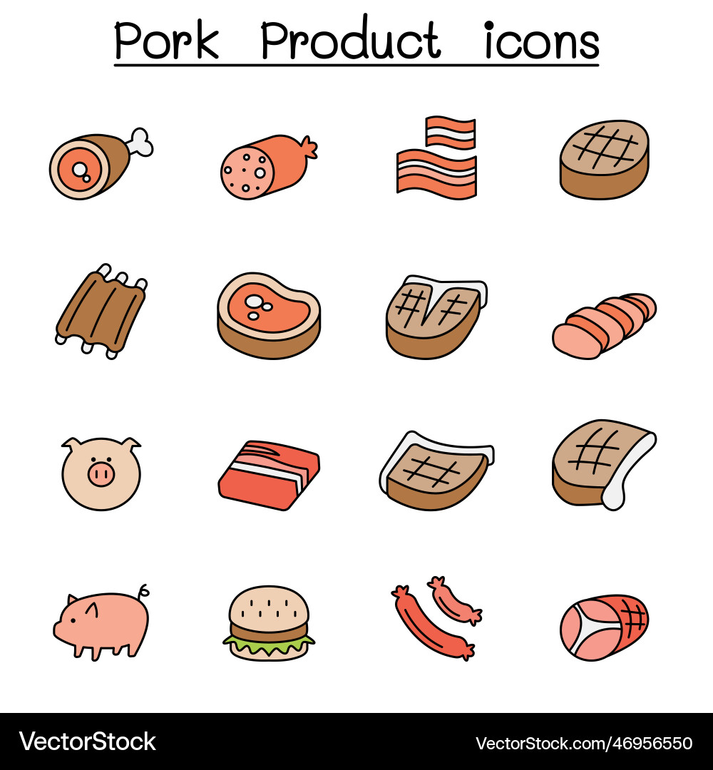 Pig and pork product color line icon set Pig and pork product color line icon set Vector Image