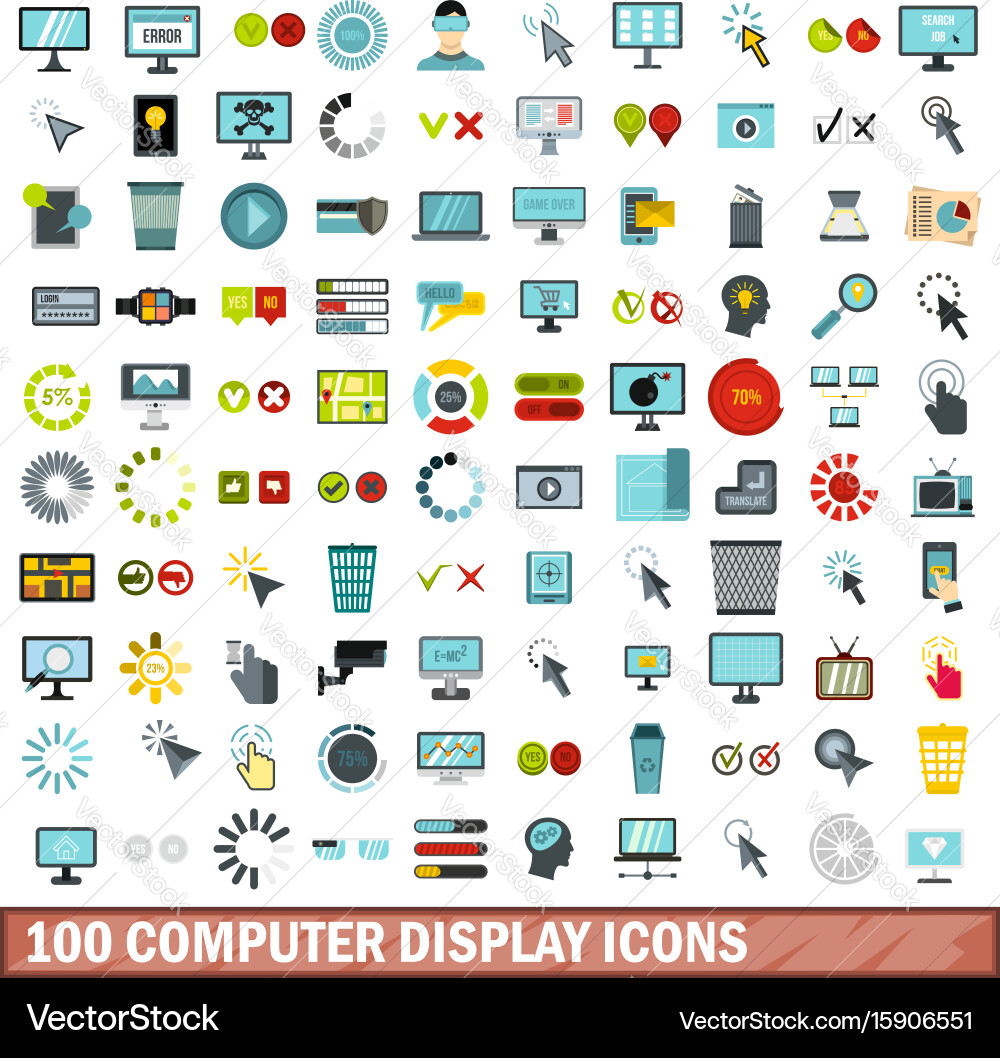 100 computer display icons set flat style vector image