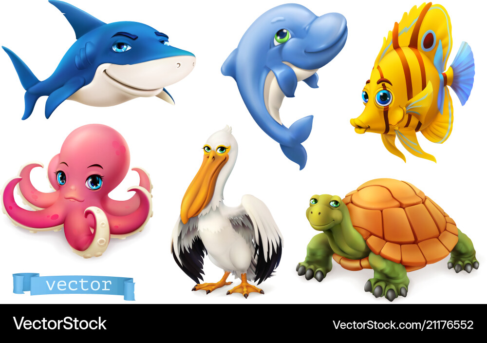 Funny sea animals and fishes 3d icon set Funny sea animals and fishes 3d icon set vector image
