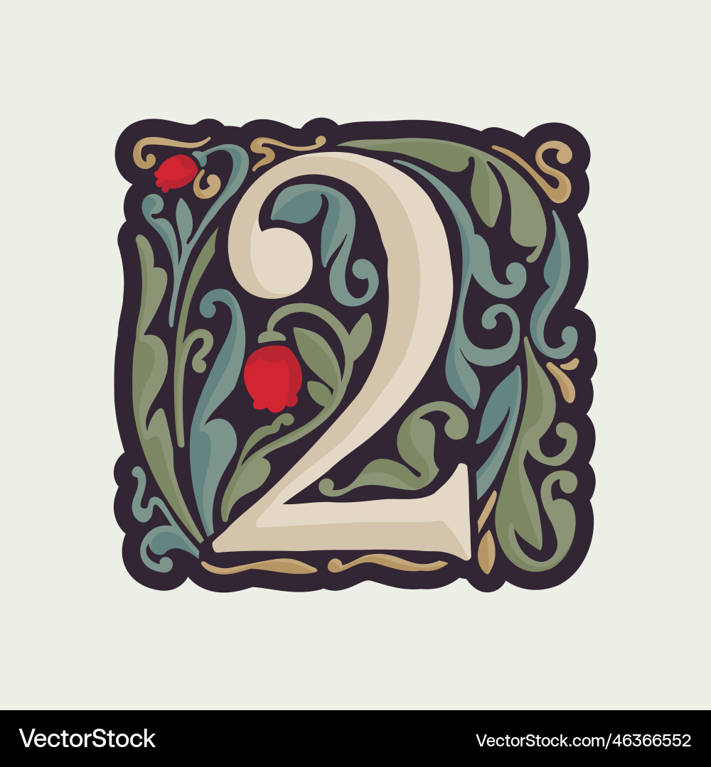 Number two illuminated initial with curve leaf Number two illuminated initial with curve leaf Vector Image