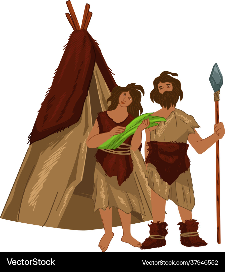 Prähistorische Kultur alte Mann und Frau Hütte Prähistorische Kultur alte Mann und Frau Hütte vektorbild