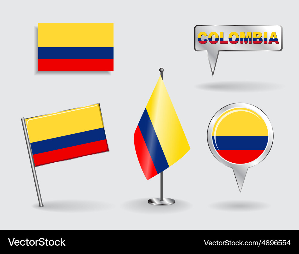 Set von kolumbianischen Pin-Symbol und Kartenzeiger-Flags vektorbild