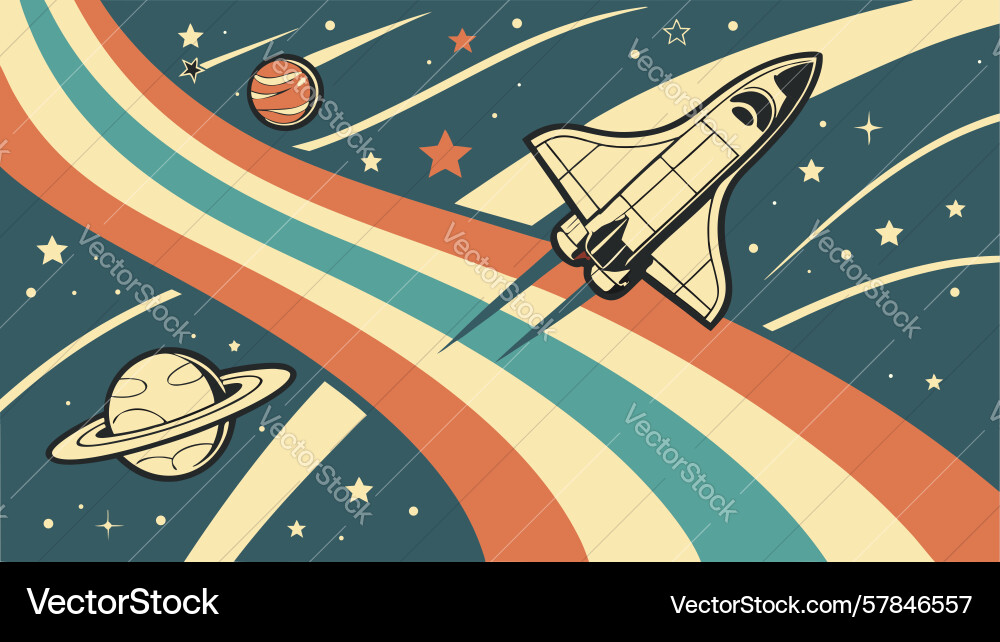 Retro space shuttle with dynamic rainbow trails vector image